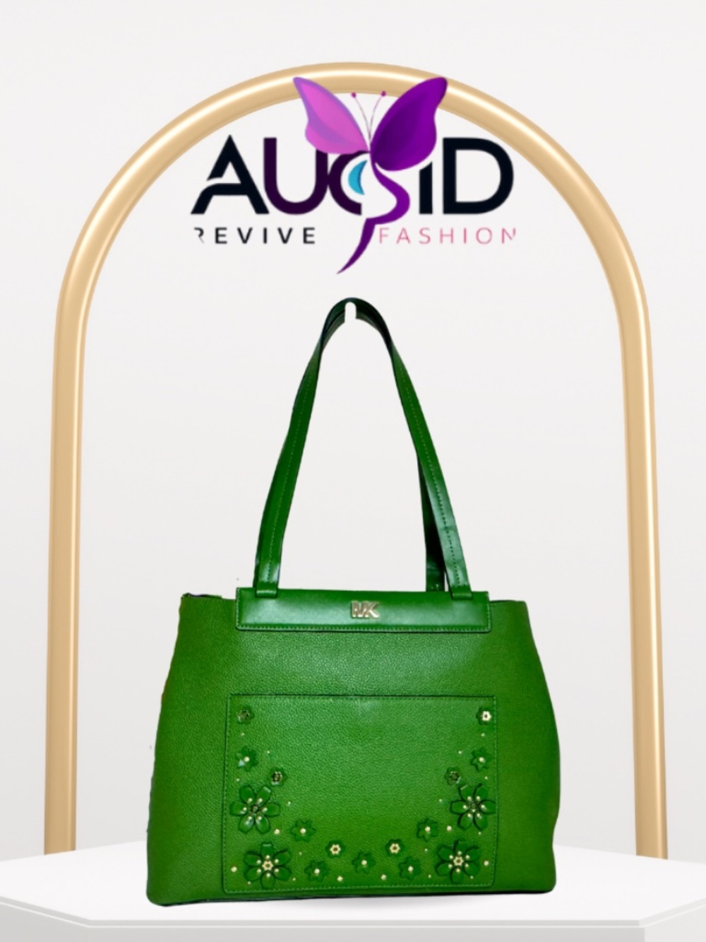 Michael Kors Green Leather Tote Bag with Floral Appliqué & Studs